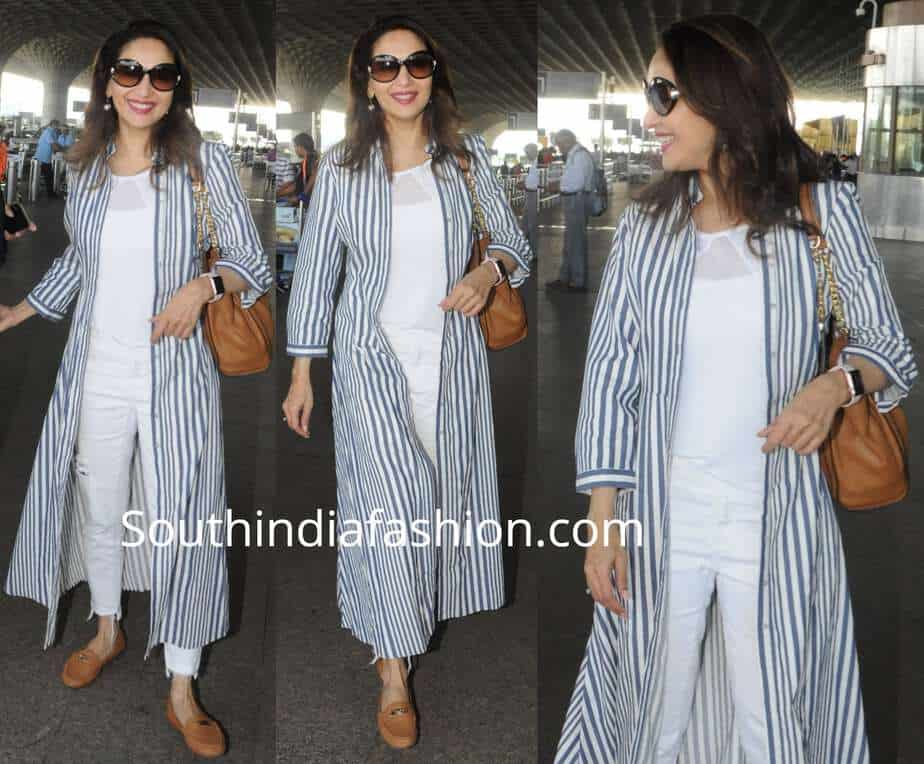 madhuri dixit airport look jeans with long jacket