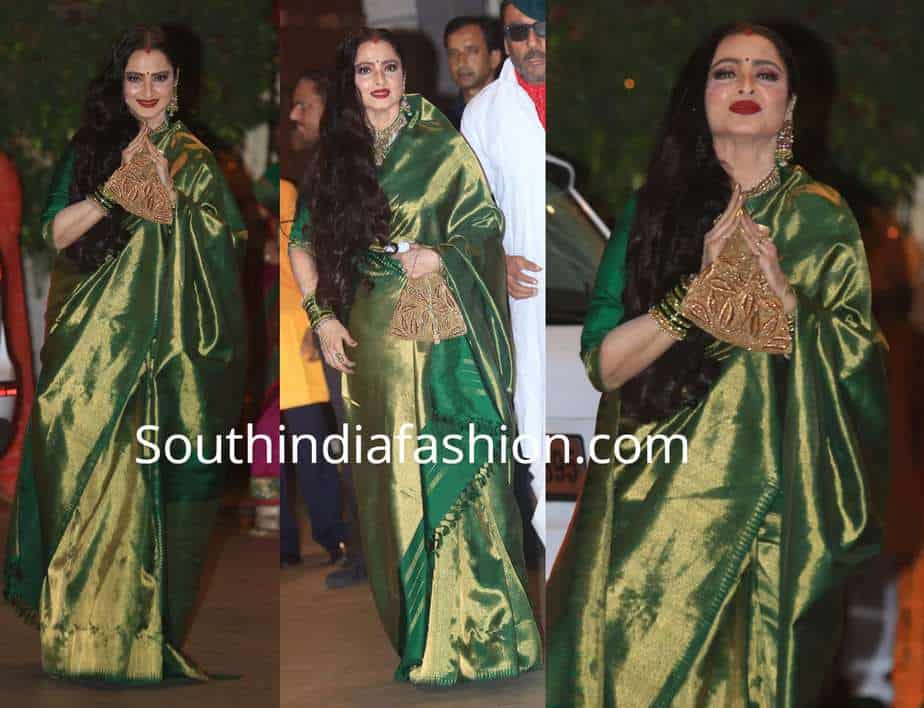 rekha green kanjivaram saree ambani ganesh party