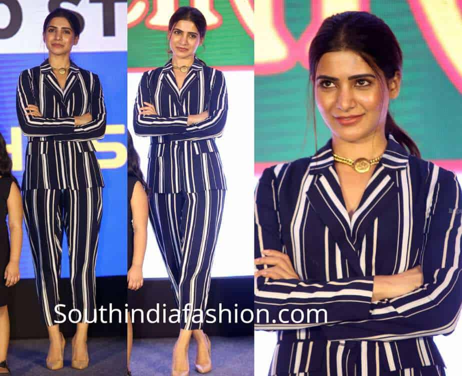 samantha akkineni black and white striped pant suit u turn pre release