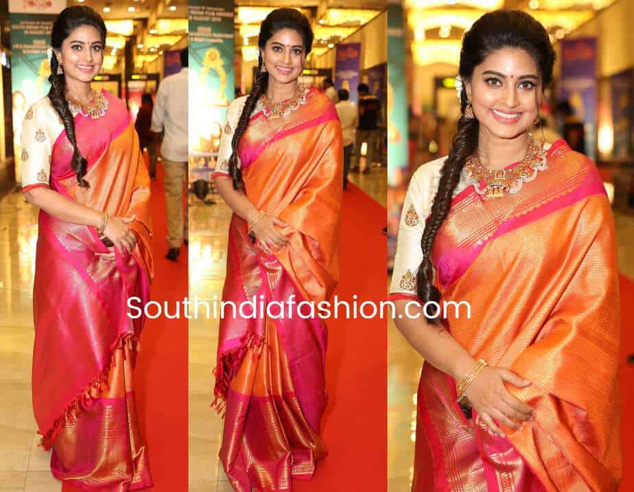 sneha prasanna mustard yellow kanjeevaram saree santhosham awards 2018 sneha prasanna in orange pattu saree at santhosham awards 2018