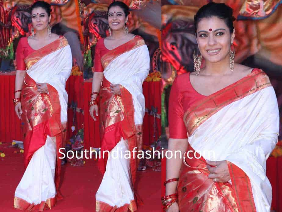 kajol in white paithani saree at durga puja pandal