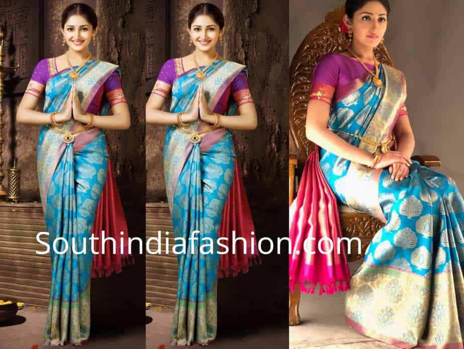 sayyeshaa blue pattu saree chennai silks ad