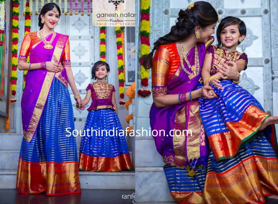 lakshmi manchu and her daughter nirvana in matching pattu lehengas for diwali