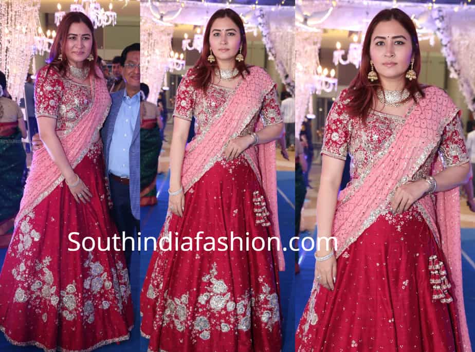 jwala gutta in a red and pink lehenga at saina nehwal wedding reception