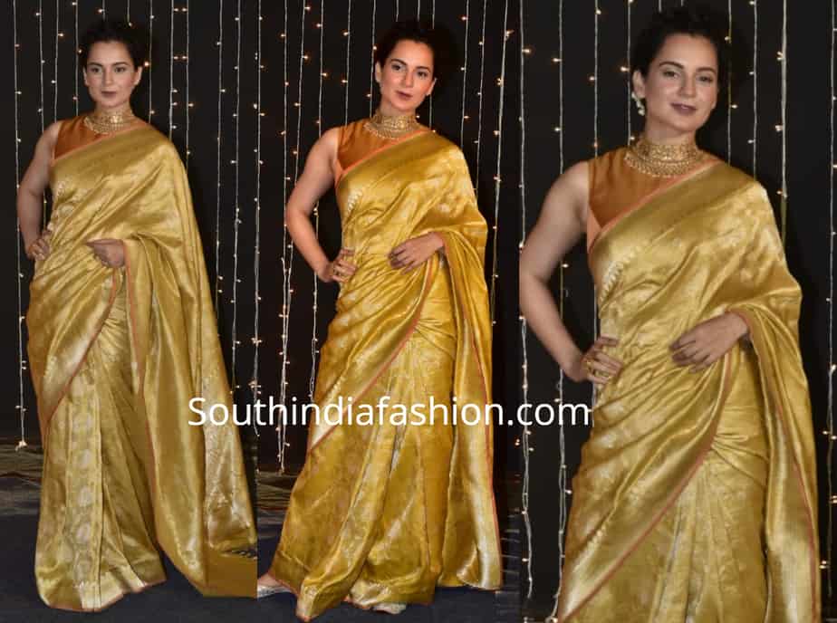 kangana ranaut in yellow silk saree at priyanka chopra nick jonas wedding reception