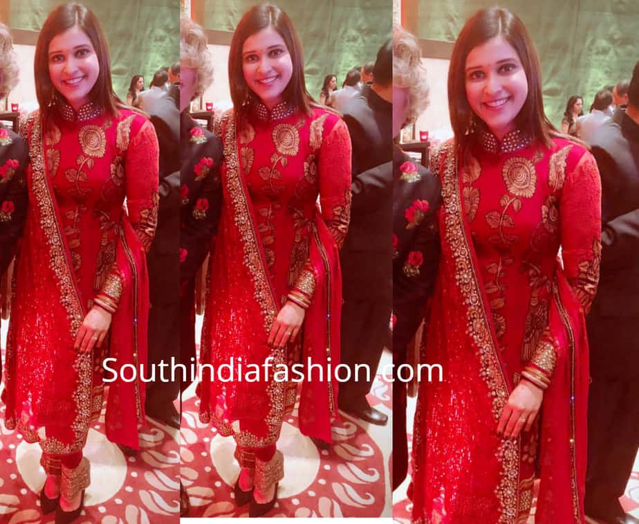 mannara chopra in red anarkali suit at priyanka chopra nick jonas wedding reception