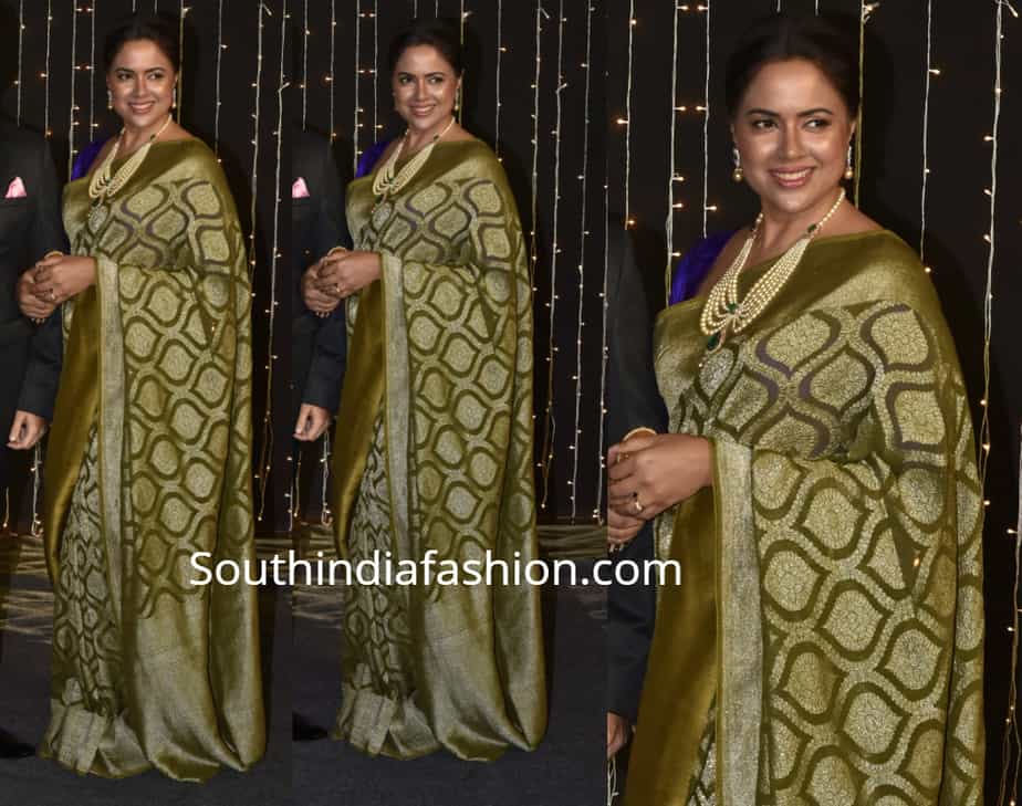 sameera reddy in banarasi silk saree at priyanka chopra wedding reception