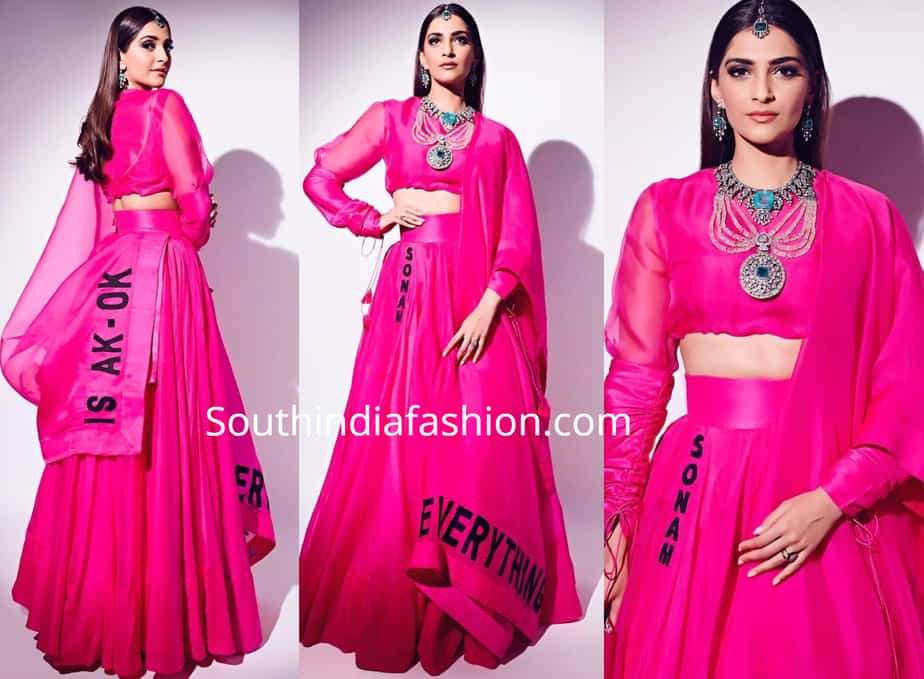 sonam kapoor in pink anamika khanna lehenga at isha ambani wedding