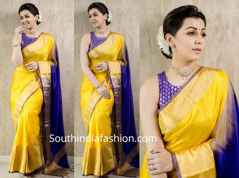 nikki galrani in yellow saree purple blouse