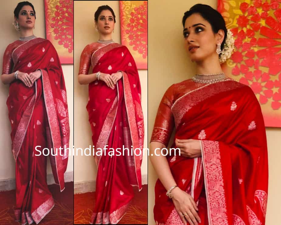 TAMANNAAH IN RED BANARASI SILK SAREE