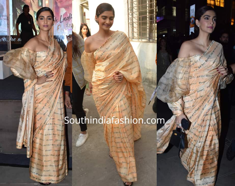 sonam kapoor in masaba saree with off shoulder balloon sleeves blouse