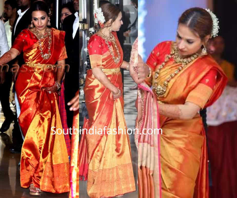 aishwarya dhanush in red kanjeevaram saree at soundarya wedding