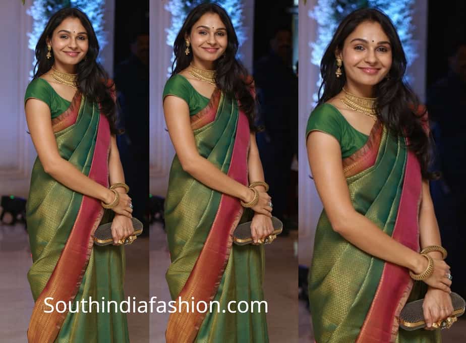 andrea jeremiah in green silk saree at soundarya rajinikanth wedding