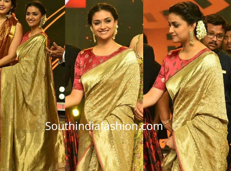 keerthy suresh in gold silk saree at tsr tv 9 awards