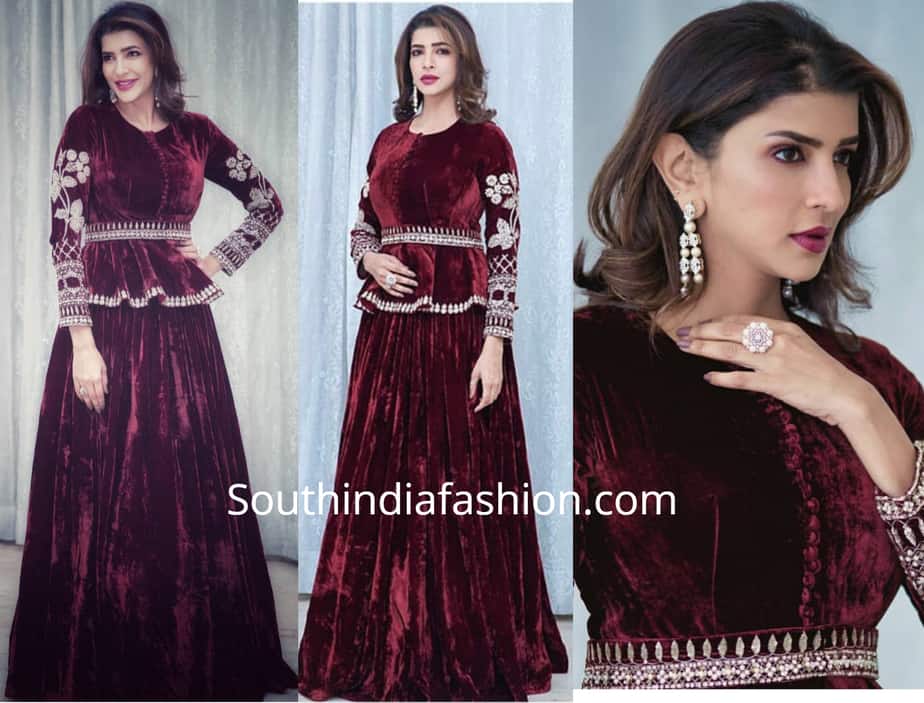 lakshmi manchu in red velvet lehenga pepoum top