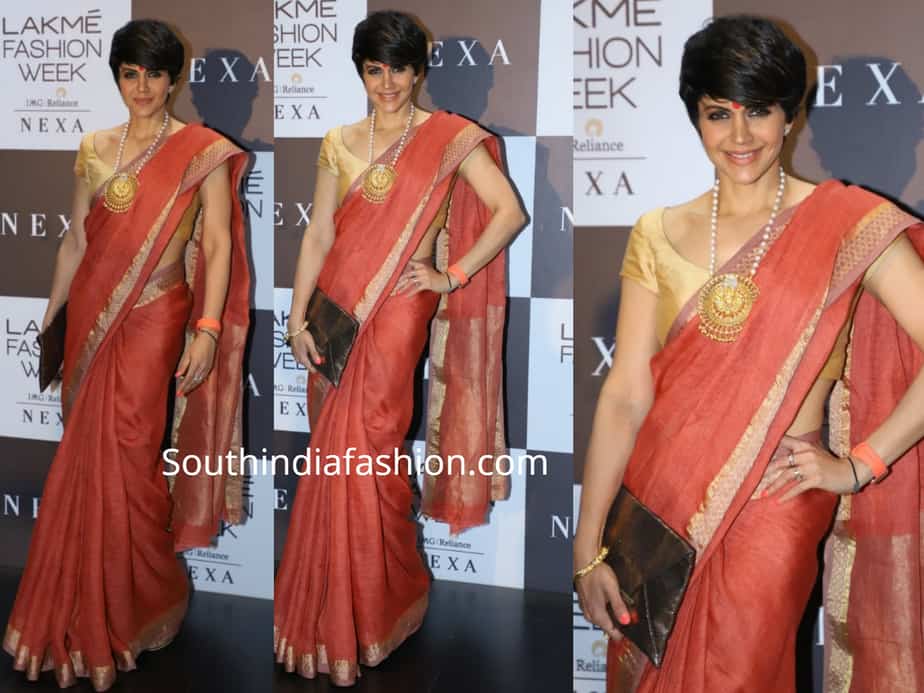 mandira bedi orange-saree lakme fashion week