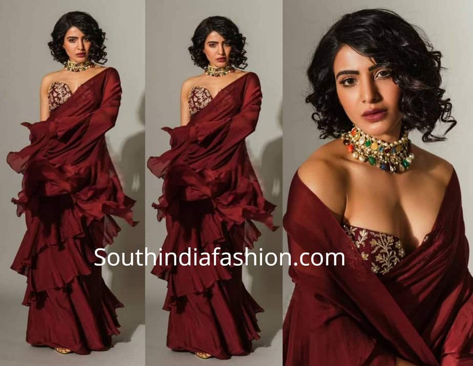 samantha akkineni in maroon ruffle saree by shilpa reddy