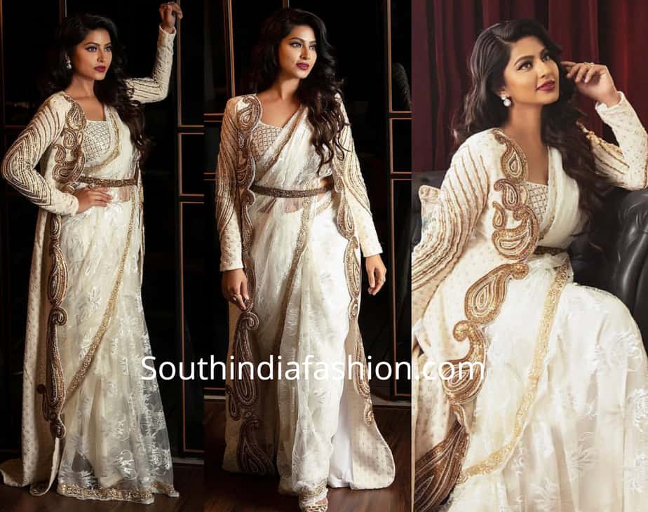 sneha prasanna in white saree with long jacket