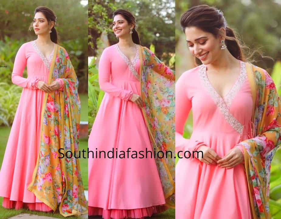 tamannaah pink anarkali floral dupatta