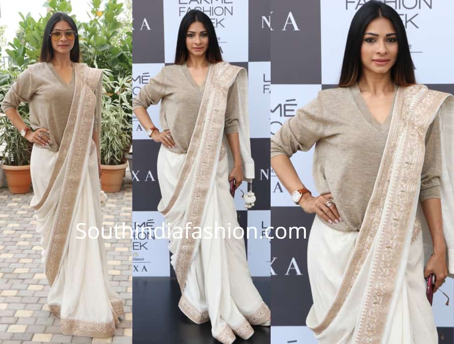 tanisha mukherjee in saree with sweater at lakme fashion week