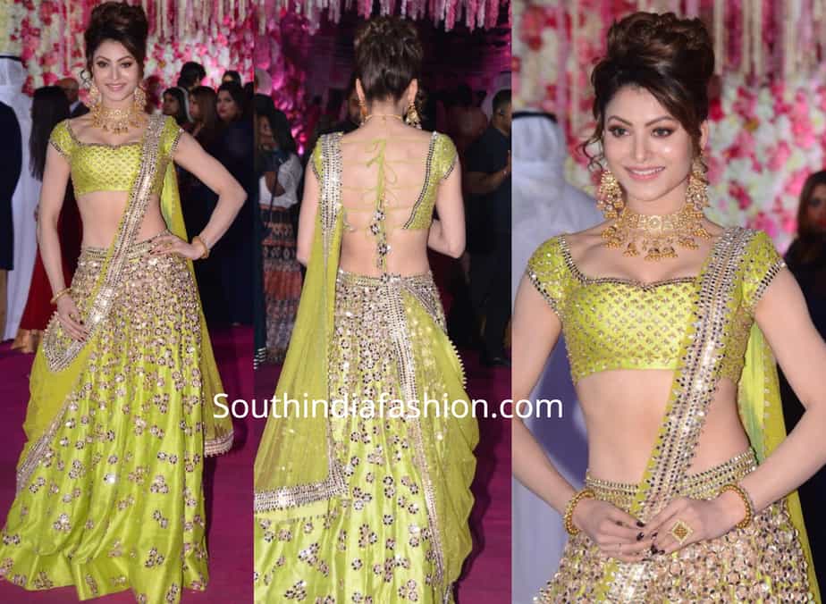 urvahsi rautela in hgreen lehenga at azhar morani wedding