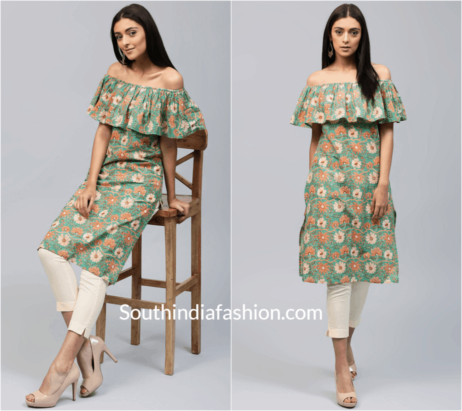 Floral-Print-Off-Shoulder-Straight-Kurta