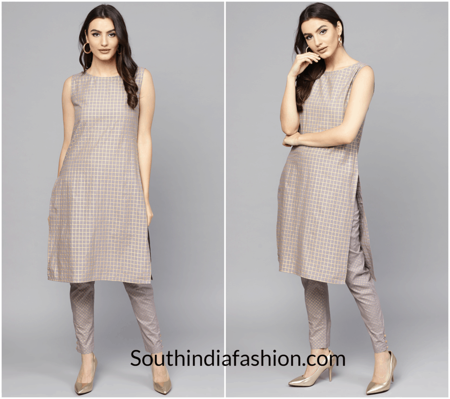 Women-Grey-Golden-Printed-Kurta-with-Trousers