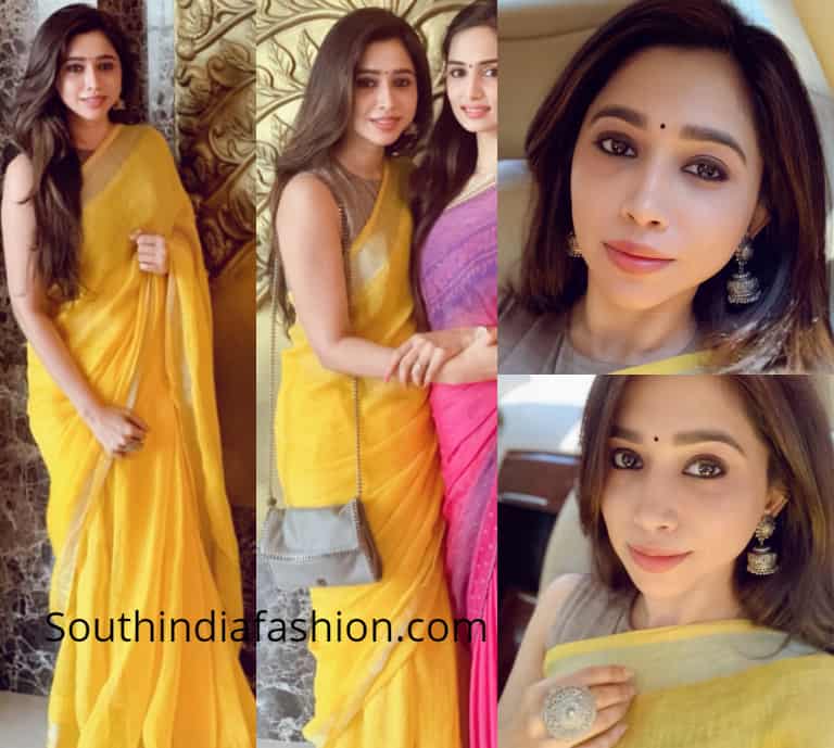 aarti ravi in yellow linen saree