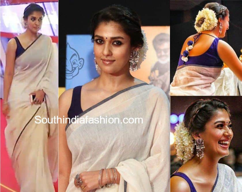 nayanthara white saree silver earrings 