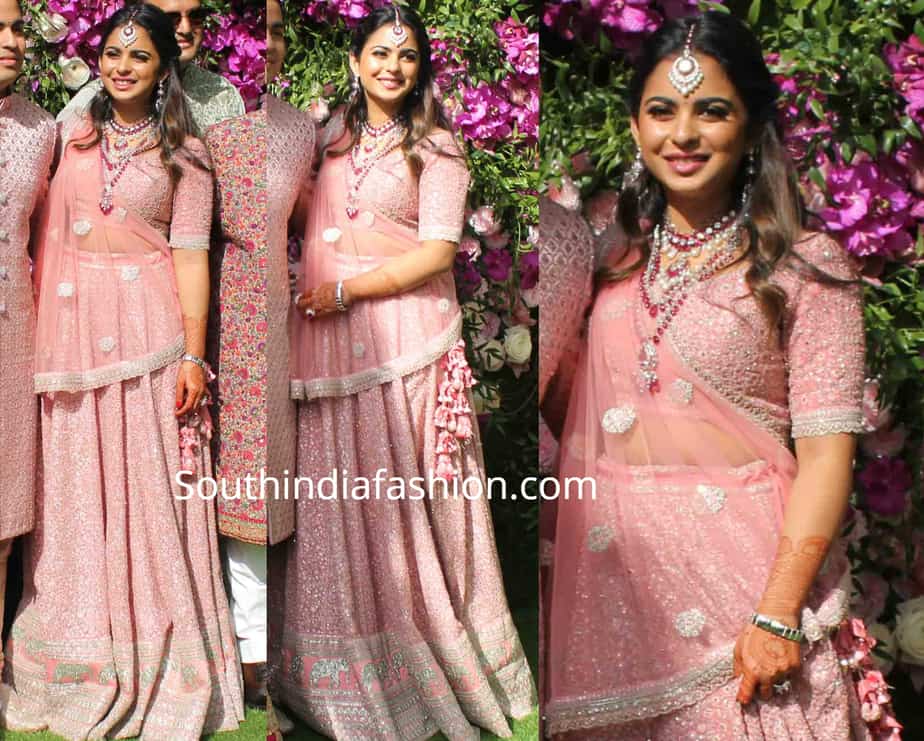 isha ambani in pink sabyasachi lehenga at akash ambani wedding reception