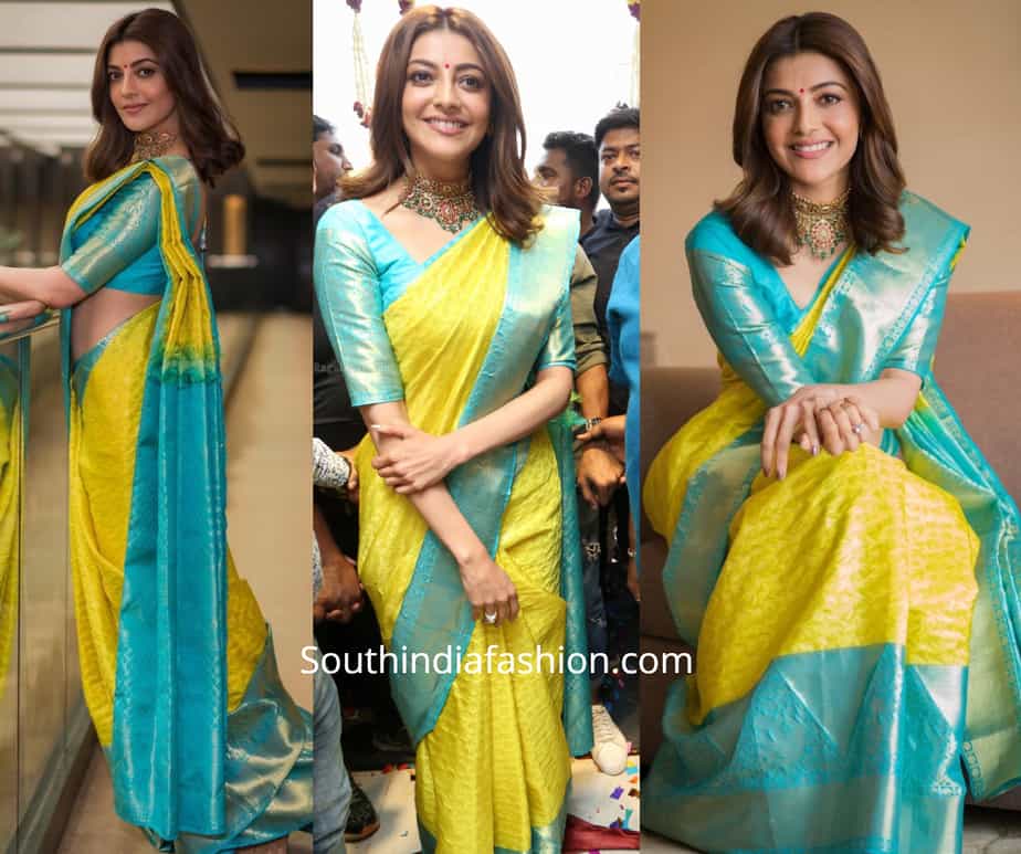 kajal aggarwal in yellow silk saree at mangalya shopping mall launch