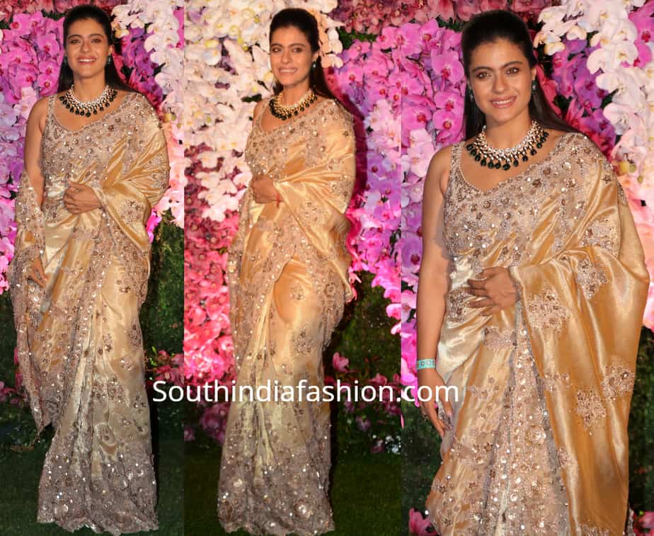 kajol in gold saree at akash ambani wedding reception