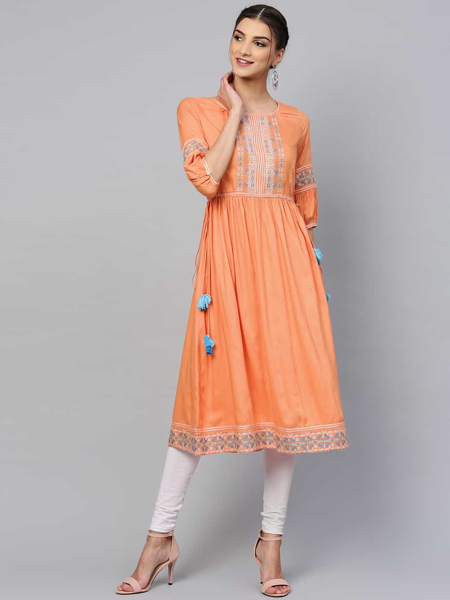 Ruby blue georgette aline kurti with detailed handwork on shoulders –  MyBudgetStore.in