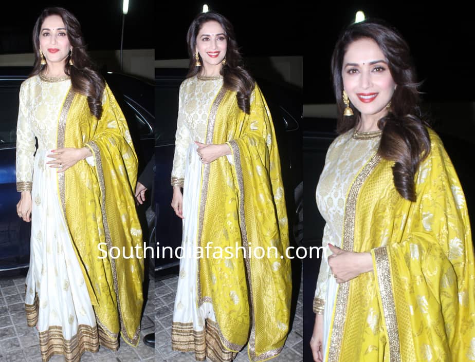 madhuri dixit in white anarkali with yellow dupatta