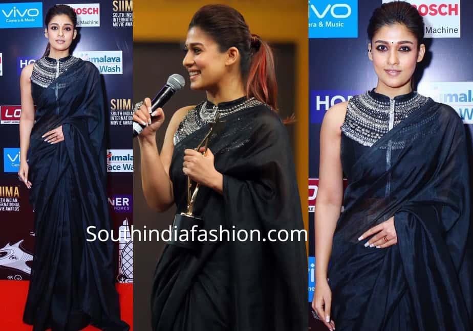 nayanthara saree plain black saree with high neck designer blouse