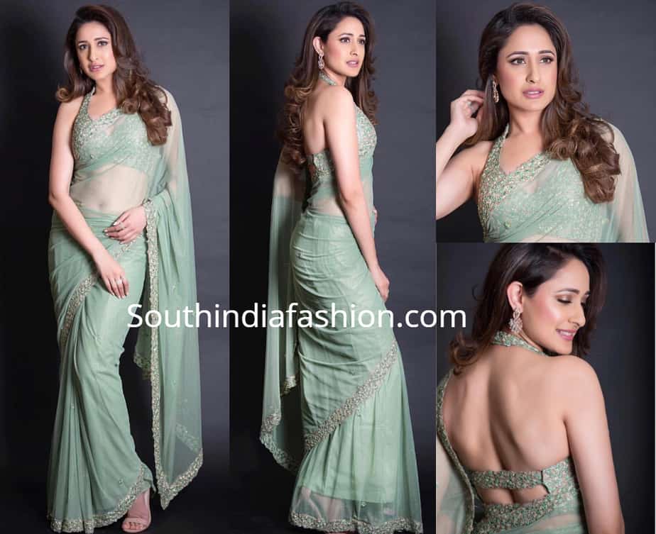 pragya jaiswal sea green saree with halter neck blouse