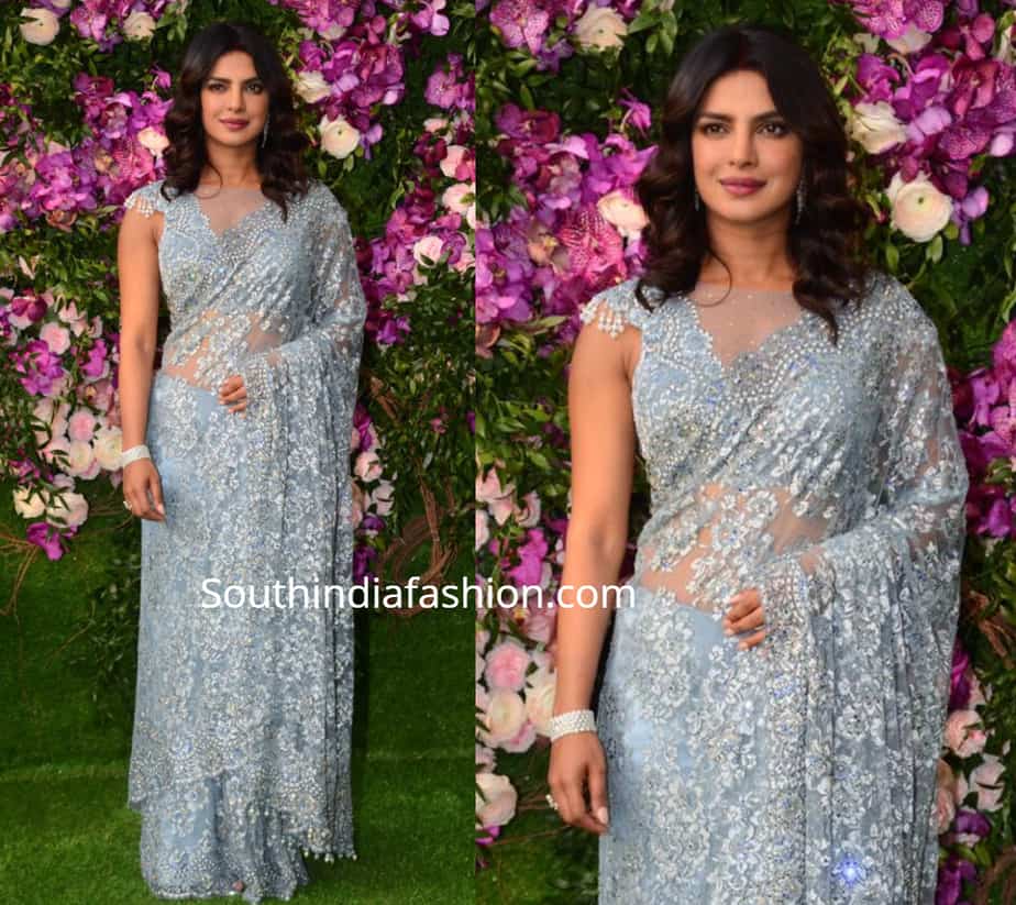 priyanka chopra blue lace satee at akash ambani shloka mehta wedding priyanka chopra in blue lace saree at akash ambani and shloka mehta wedding