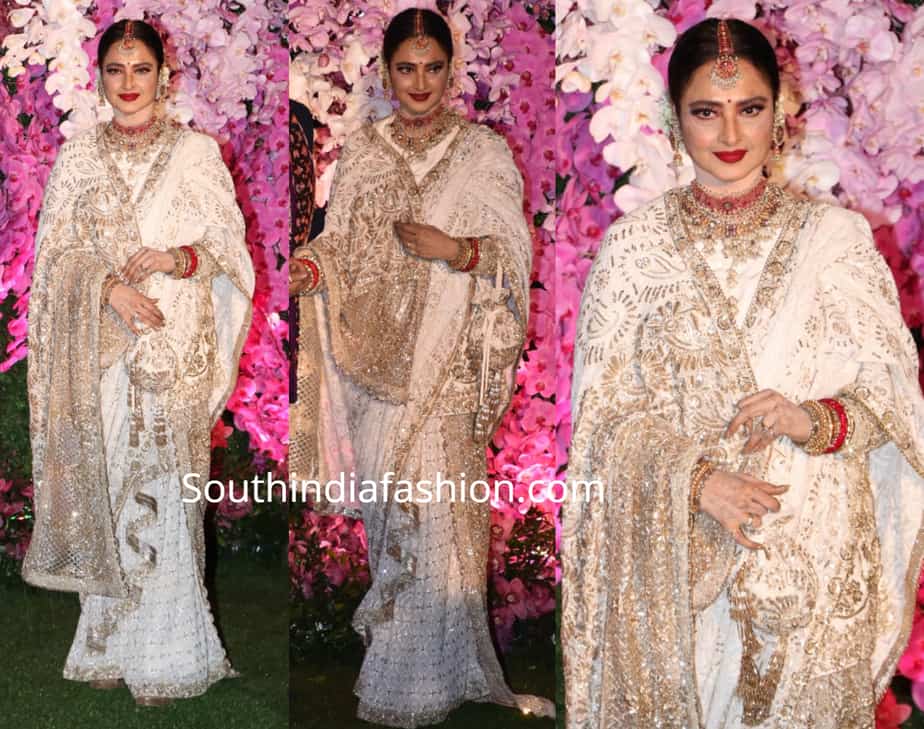 rekha white saree at akash ambani wedding