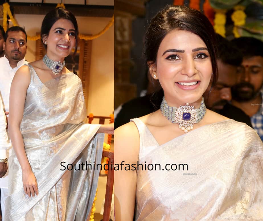 samantha akkineni in silver kanjeevaram silk saree at mugdha store opening 