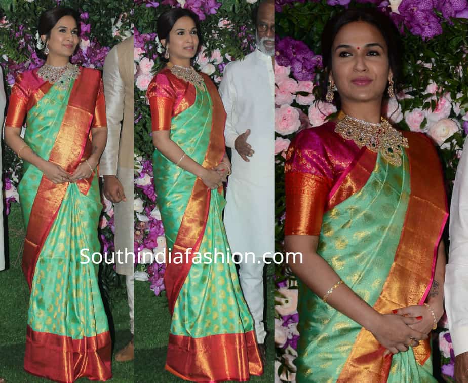 soundarya rajinikanth in green kanjivaram saree at akash ambani wedding