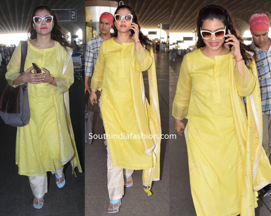 kajol yellow salwar kameez at airport