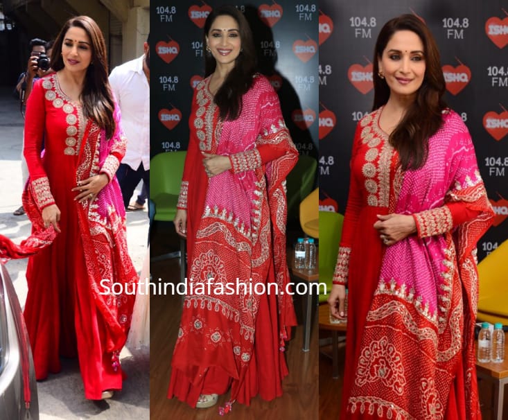 madhuri dixit in red anarkali at kalank promotions