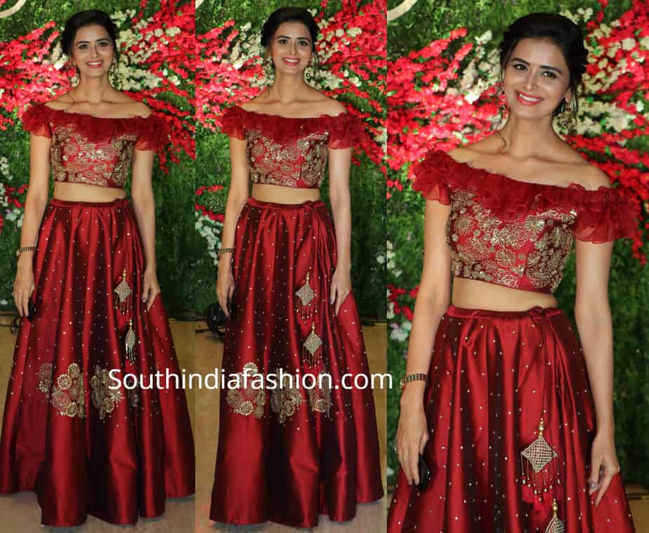 meenakshi dixit maroon long skirt crop top