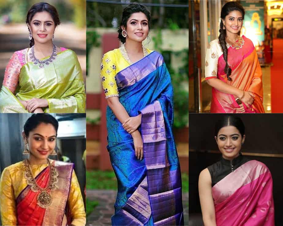 blue colour blouse combination saree
