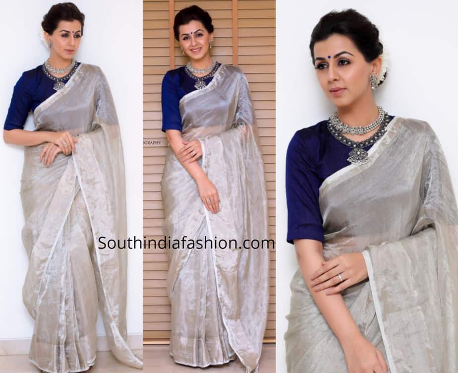 nikki galrani silver tissue saree