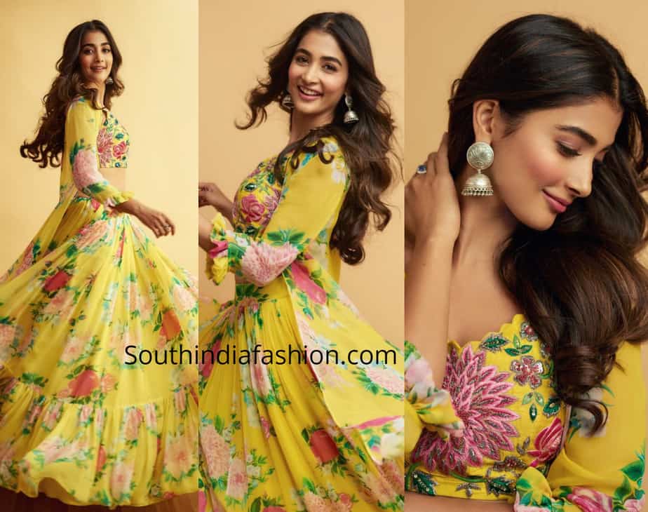 pooja hegde yellow lehenga maharshi promotions