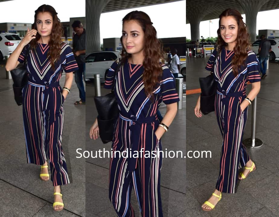 Dia Mirza in a striped jumpsuit at the airport