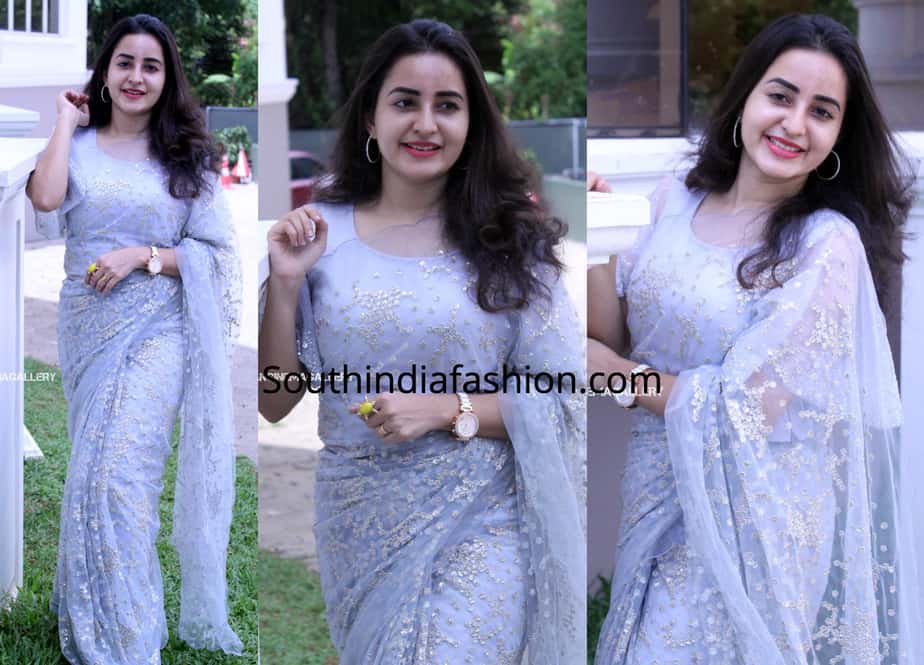 bhama in organza saree at vishnupriya marriage