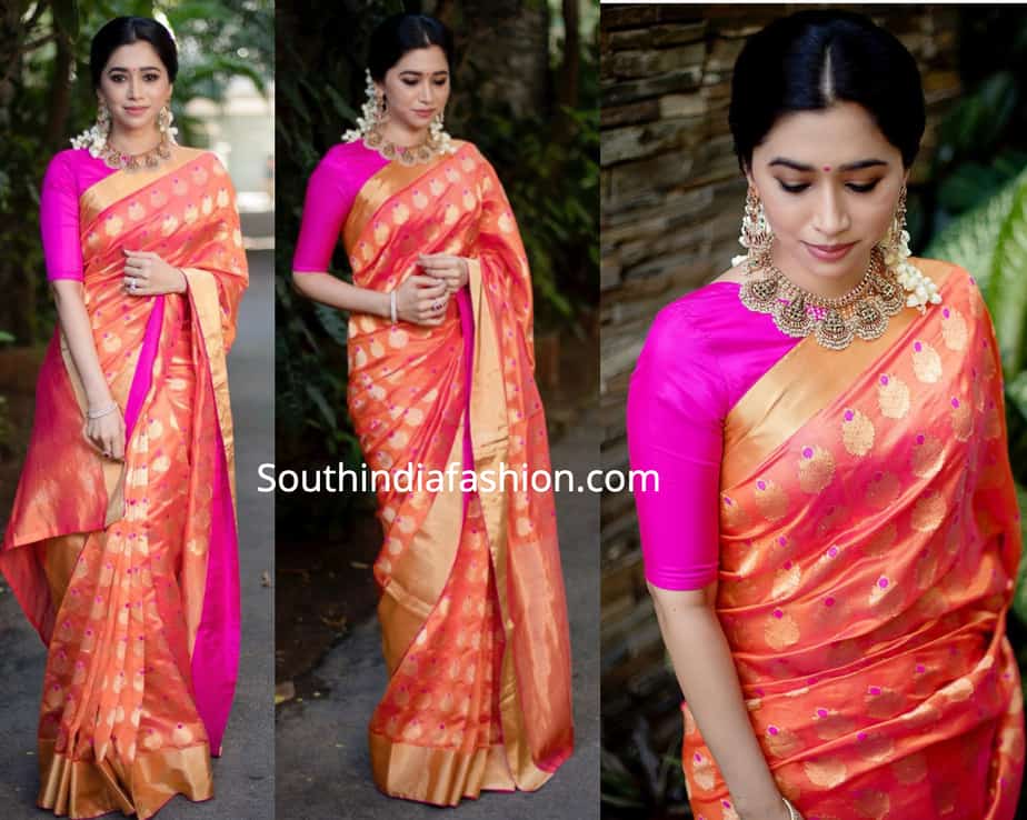 aarti ravi in raw mango silk saree