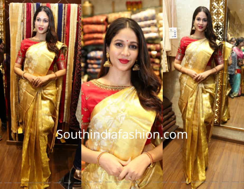 Lavanya Tripathi in a silk saree for Swayamwar Mens Ethnic Wear Launch Lavanya Tripathi